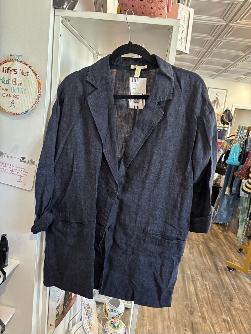 Eileen Fisher Dark Gray Longline Linen Blazer